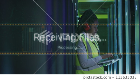 Image of data processing over african american female it engineer and computer servers 113633035