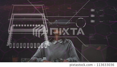 Image of purple processor with hexagons over woman wearing vr headset and looking around 113633036