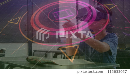 Image of scope scanning over schoolboy wearing vr headset and moving his hands 113633057