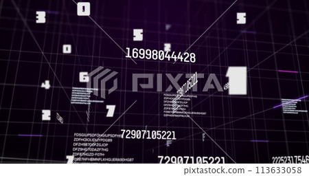 Image of numbers changing with data processing on grid on purple background 113633058