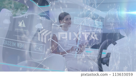 Image of networks of connections and data processing over woman using tablet in car 113633059