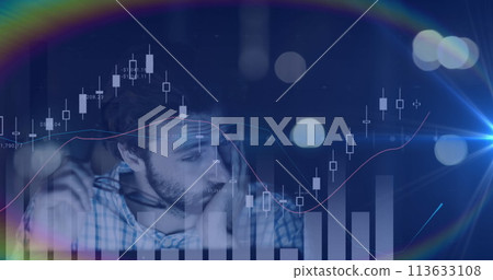 Image of tired man using computer, statistics recording and financial data processing Image of tired man using computer, statistics recording and financial data processing 113633108