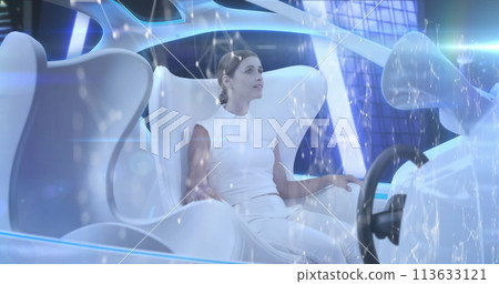Digital composition of network of connections against woman sitting in futuristic car self driving a 113633121