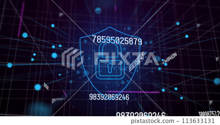 Image of numbers changing with online security padlock over network of connections on blue 113633131