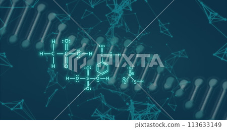 Image of dna strand and scientific data processing over black background Image of dna strand and scientific data processing over black background 113633149