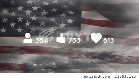 Image of social media icons with numbers over clouds with flag of usa 113633189