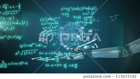 Image of robot's arm, mathematical formulae and scientific data processing over grey background 113633192