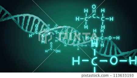 Image of dna strand and scientific data processing over black background Image of dna strand and scientific data processing over black background 113633193