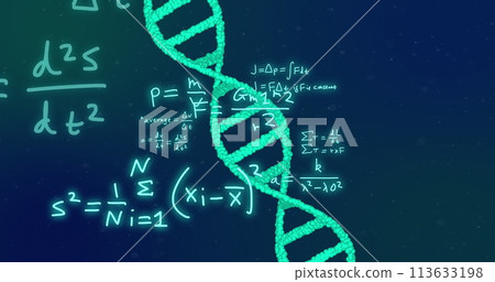 Image of dna strand and scientific data processing over black background 113633198