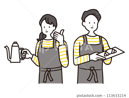 一套 2 幅上半身插圖,其中一名女工作人員拿著鍋子在咖啡館工作,一名男子拿著盤子裡的麵包。 一套 2 幅上半身插圖,其中一名女工作人員拿著鍋子在咖啡館工作,一名男子拿著盤子裡的麵包。 113633214