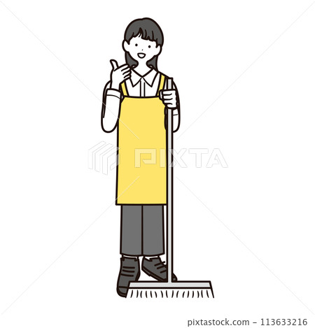 Full-body illustration of a Japanese female staff member working in a cafe with a mop 113633216