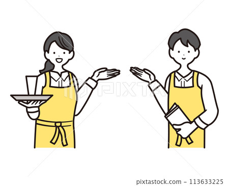 A set of two upper body illustrations of a female staff member working at a cafe giving directions and a male staff member giving directions A set of two upper body illustrations of a female staff member working at a cafe giving directions and a male staff member giving directions 113633225
