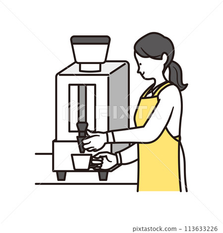 一位女店員將咖啡倒入杯子中的上半身插圖，咖啡機在咖啡館工作 113633226