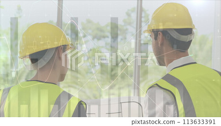 Architect instructs worker with plans and graphs 113633391