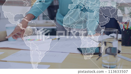 Image of world map over caucasian business people in office 113633507