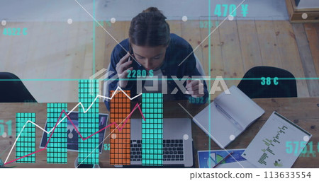 Image of data processing over caucasian businesswoman in office 113633554