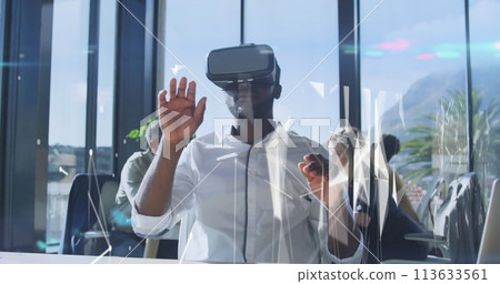 Image of data processing and shapes over diverse business people in office Image of data processing and shapes over diverse business people in office 113633561