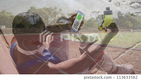 Image of man holding smartphone with covid 19 vaccination passport over running man Image of man holding smartphone with covid 19 vaccination passport over running man 113633562
