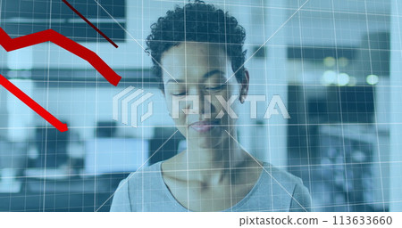 Image of data processing over african american businesswoman smiling in office 113633660