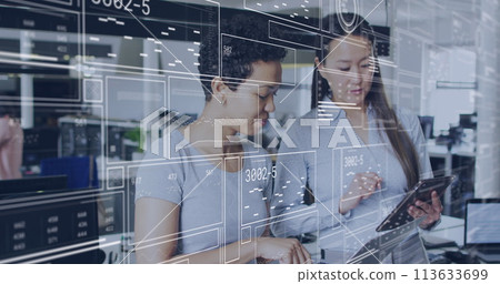 Image of data processing over diverse business people in office 113633699