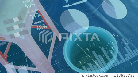 Image of digital interface with statistics and data processing with stool and bucket 113633755