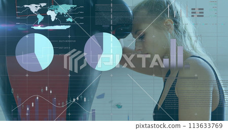 Image of digital interface with statistics scanning and data processing over female boxer resting Image of digital interface with statistics scanning and data processing over female boxer resting 113633769