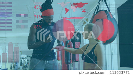 Image of digital interface with statistics and data processing over male coach and female boxer at b 113633771