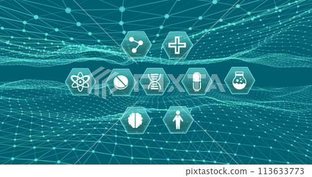 Image of digital interface with medical icons and network of connections over blue background 113633773