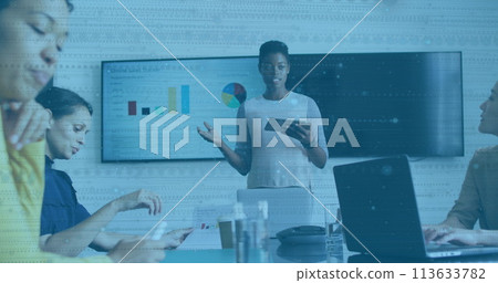 Image of data processing over diverse business people at meeting in office 113633782