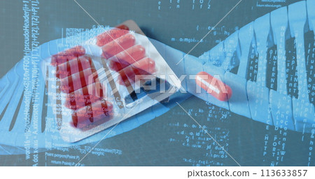 Image of dna strand and data processing over pills Image of dna strand and data processing over pills 113633857