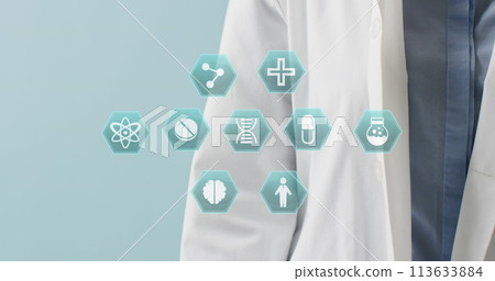 Image of medical icons over caucasian female doctor with stethoscope 113633884