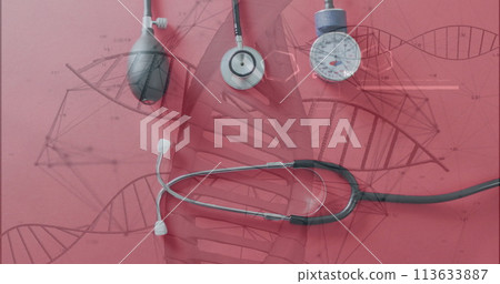 Image of chemical structures and dna strands over stethoscope and pressure meter 113633887