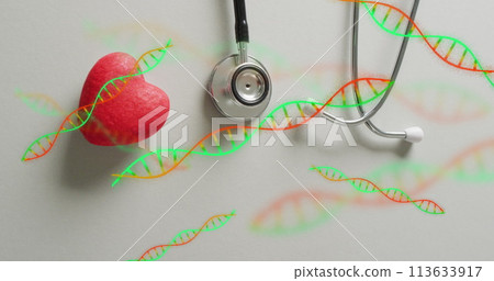 Image of dna strands over heart and stethoscope 113633917