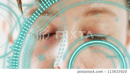 Image of scope scanning over caucasian woman opening eyes Image of scope scanning over caucasian woman opening eyes 113633920