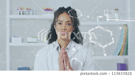 Image of chemical structures and data processing over biracial female doctor having image call 113633928