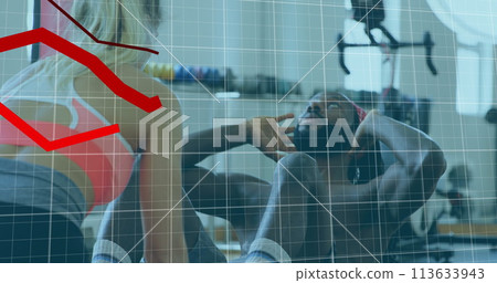 Image of digital interface with red lines, statistics and data processing over man doing sit ups wit Image of digital interface with red lines, statistics and data processing over man doing sit ups wit 113633943