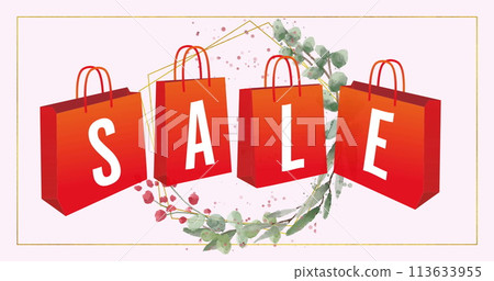 Image of sale text on red shopping bags and floral pattern on pink background 113633955