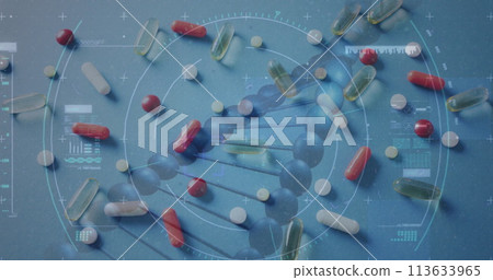 Image of data processing and dna strand over pills 113633965