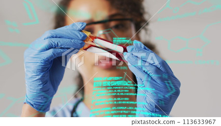 Image of data processing over biracial female doctor with test tubes 113633967
