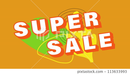 Image of super sale text on abstract shapes over orange background Image of super sale text on abstract shapes over orange background 113633993
