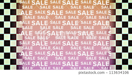 Image of sale text in repetition with black and white checkered borders Image of sale text in repetition with black and white checkered borders 113634106