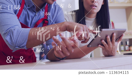 Image of data processing over diverse shop assistant and customer talking 113634115