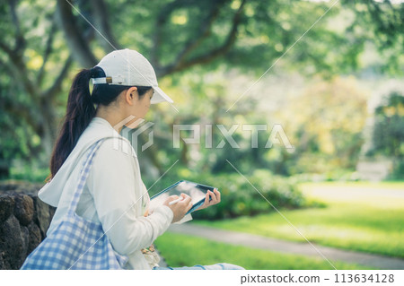 Students studying on a lush American university campus 113634128