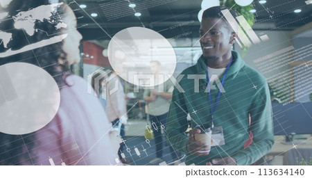 Image of data processing over diverse business people in office 113634140