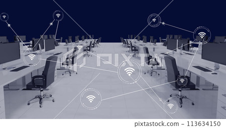 Image of network of conncetions with icons over office interior with desks and computers 113634150