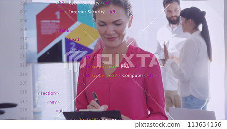 Image of data processing over diverse business people in office 113634156