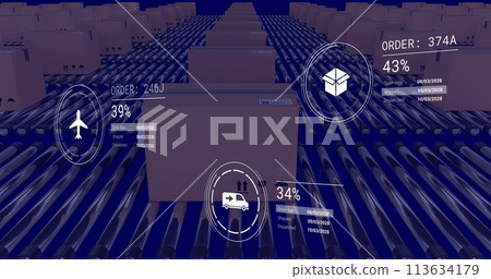 Image of icons with data processing over boxes on conveyor belt Image of icons with data processing over boxes on conveyor belt 113634179