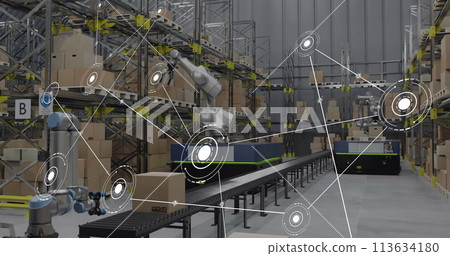Image of network of conncetions with icons over robotic arms with boxes in warehouse Image of network of conncetions with icons over robotic arms with boxes in warehouse 113634180