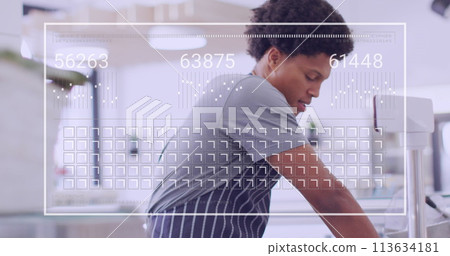 Image of data processing over biracial male shop assistant cutting cheese 113634181