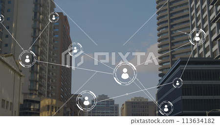 Image of network of conncetions with icons over cityscape Image of network of conncetions with icons over cityscape 113634182